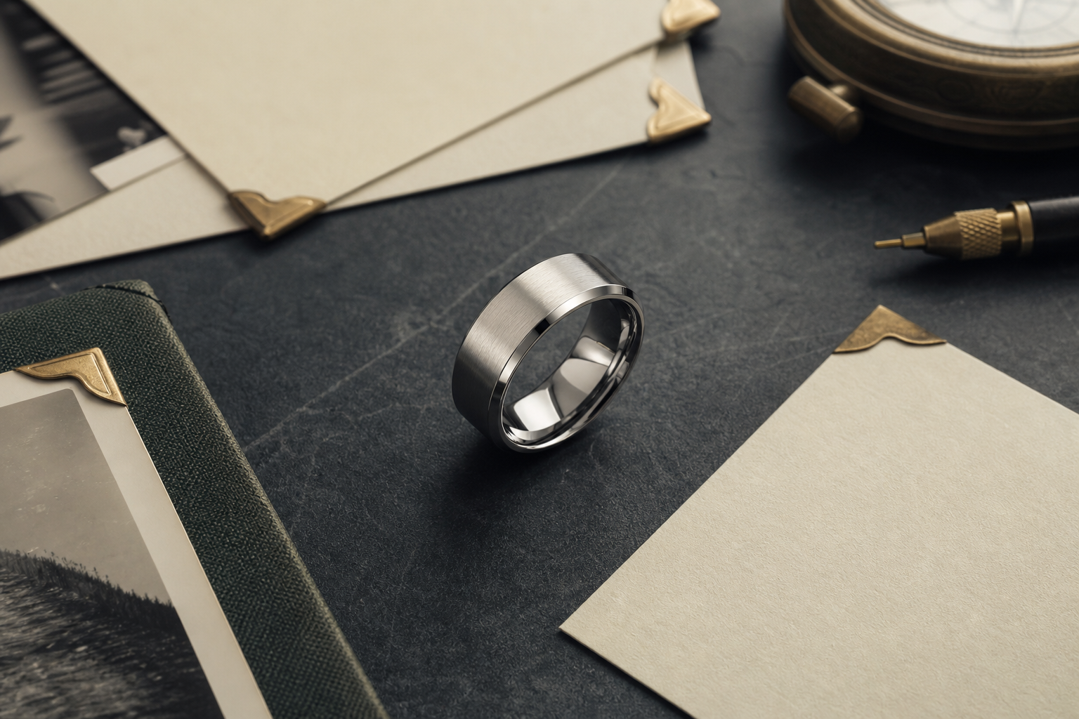 Premium custom mens rings image with a silver ring and design planning materials