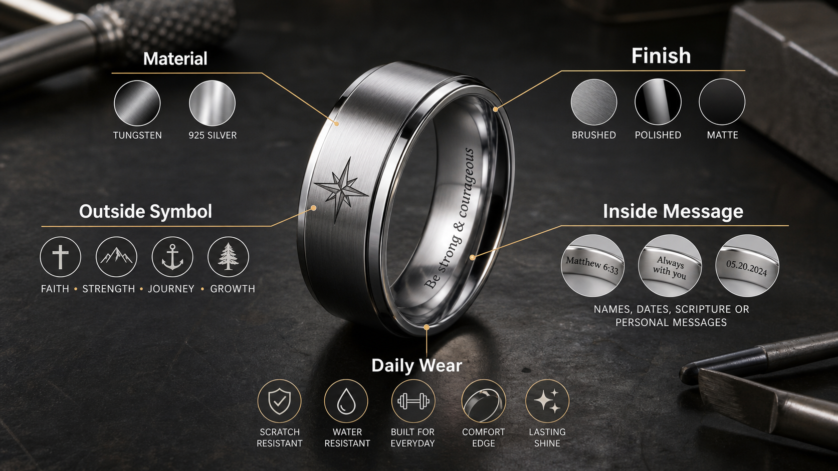 Engraved Rings For Men educational diagram showing the steps from story to engraving design