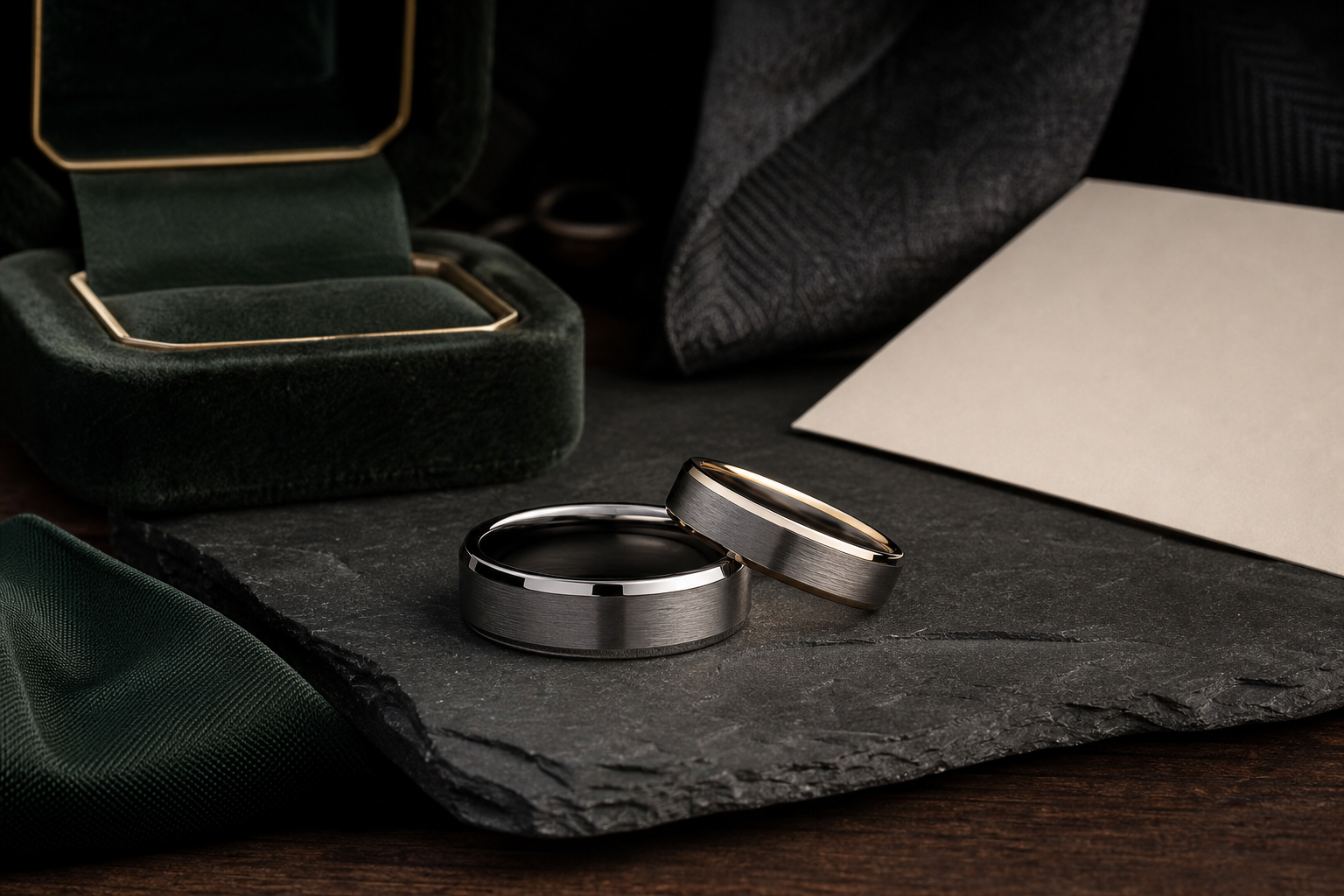 Premium mens engraved wedding bands image with paired rings and masculine wedding styling